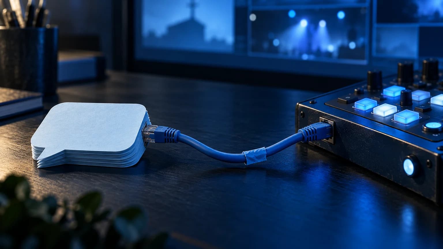 A blue cable connects paper speech bubbles to a control console on a dark media desk.