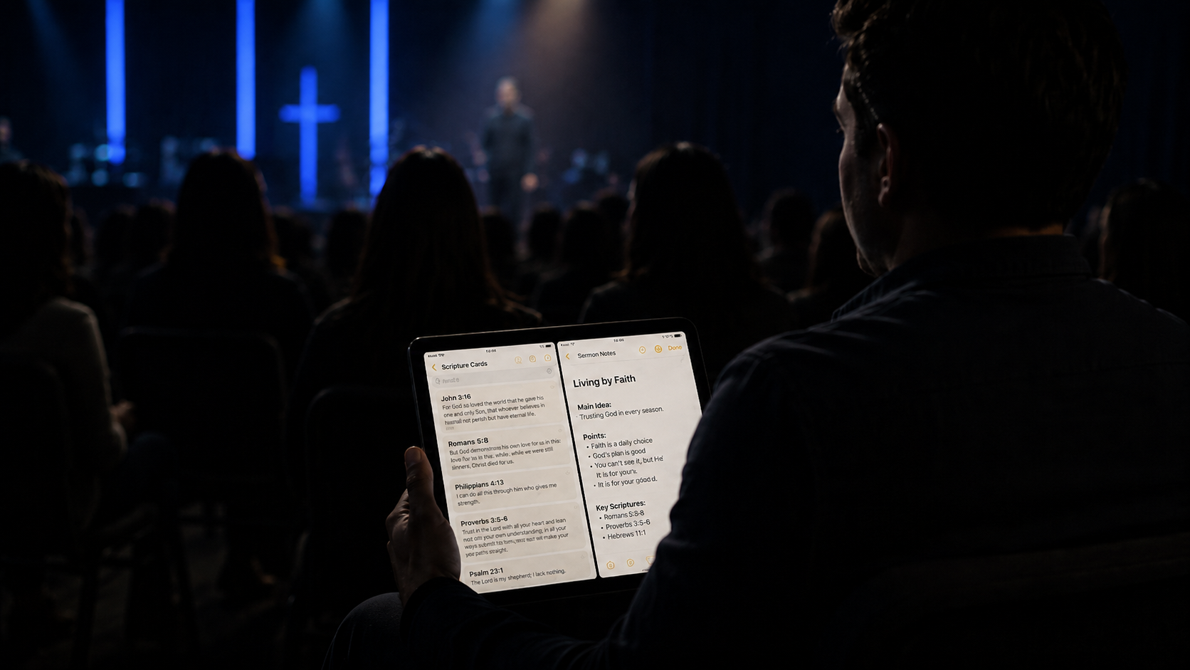 Church audience following along on phones during a service