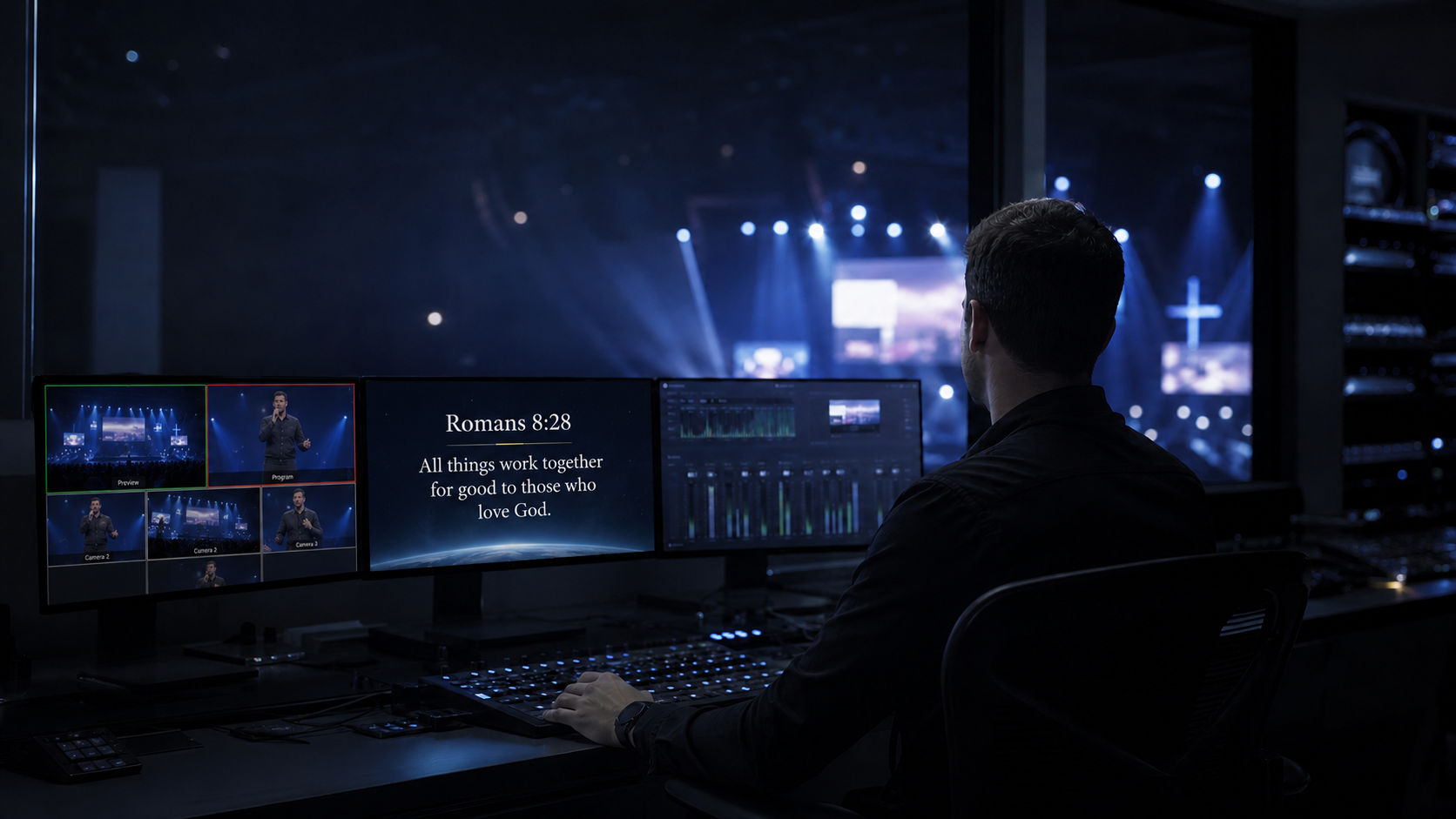 Church media operator monitoring a live service from a production room