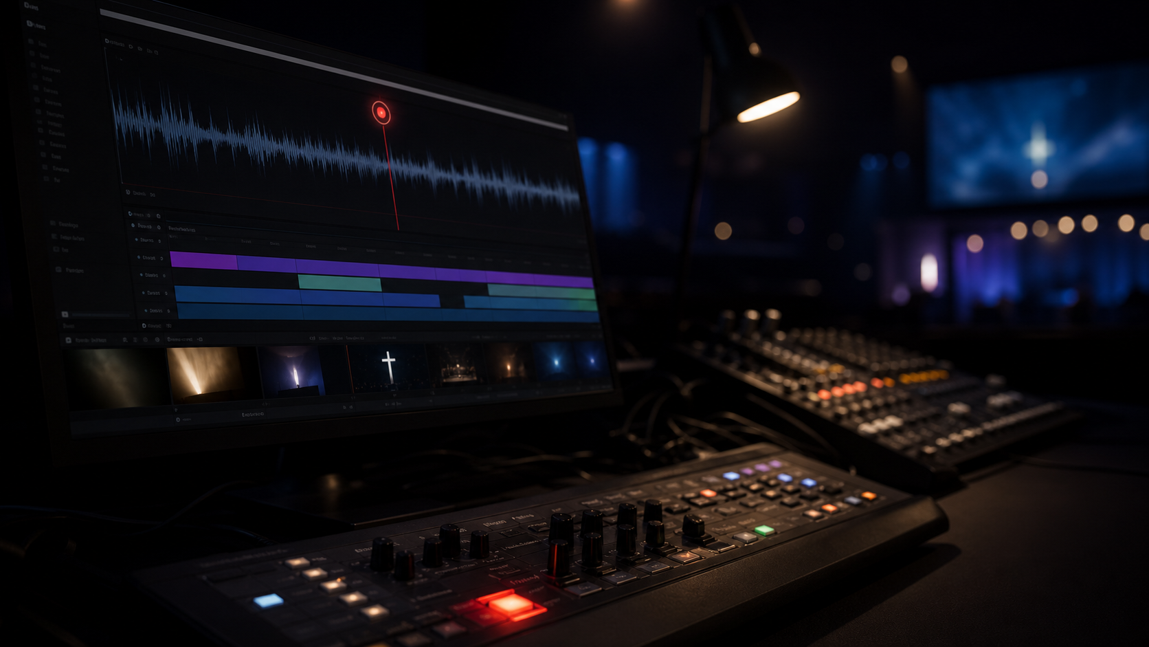 Church production desk with recording timeline and audio controls