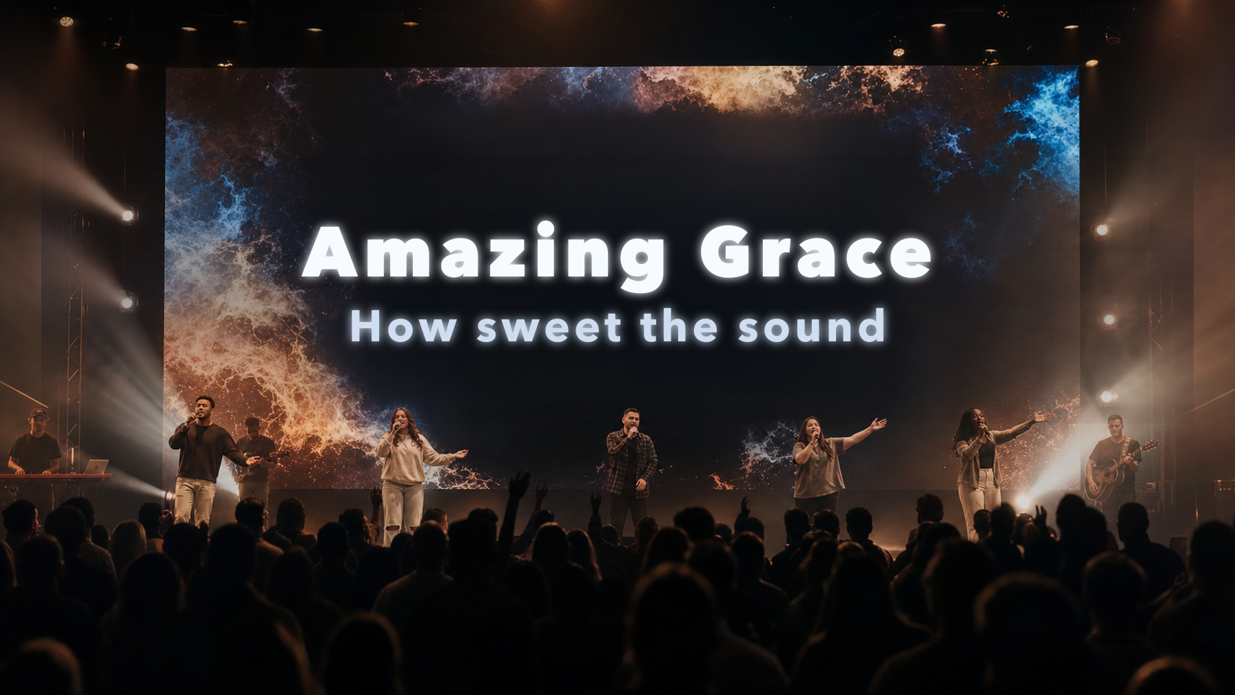 Worship singers on stage with Amazing Grace lyrics on a large LED wall